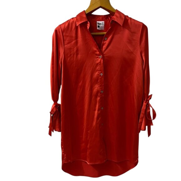 Target X Sammy B Red Orange Satin Button-Up Tunic Shirt With Tie-Sleeves L - Picture 6 of 10